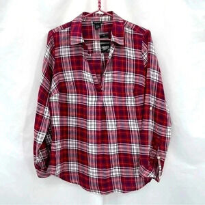 Torrid Women's Pullover Top Size 1 Maroon White Plaid Long Sleeve Collar NWT